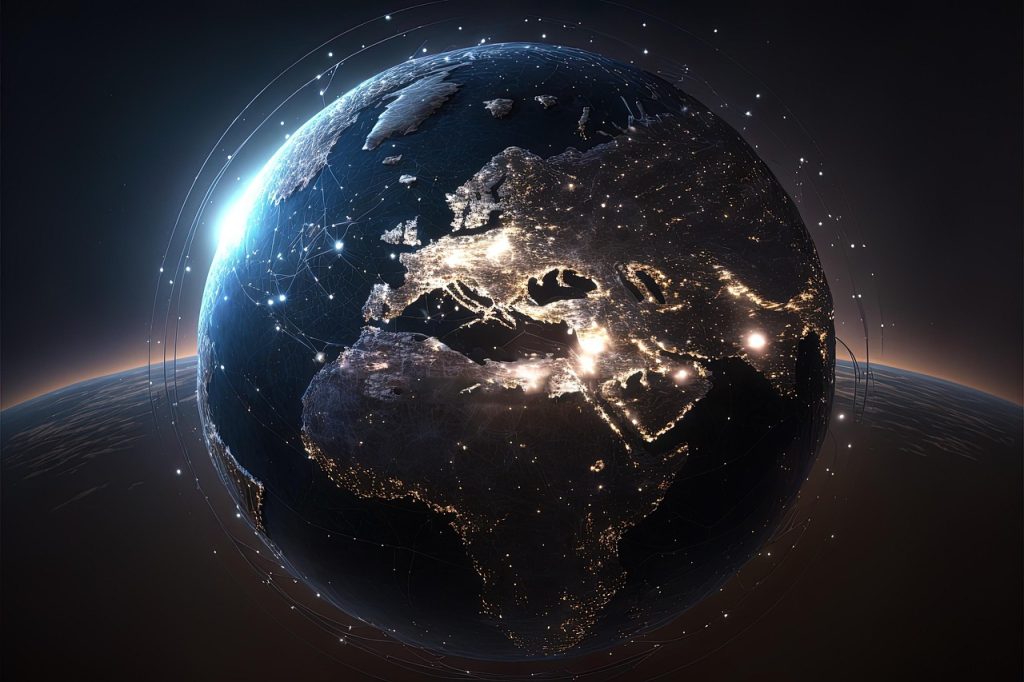 earth from the space surrounded by technology AI and lights.