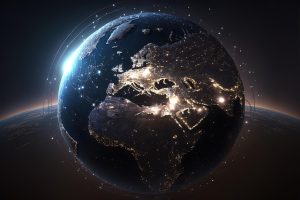 earth from the space surrounded by technology AI and lights.